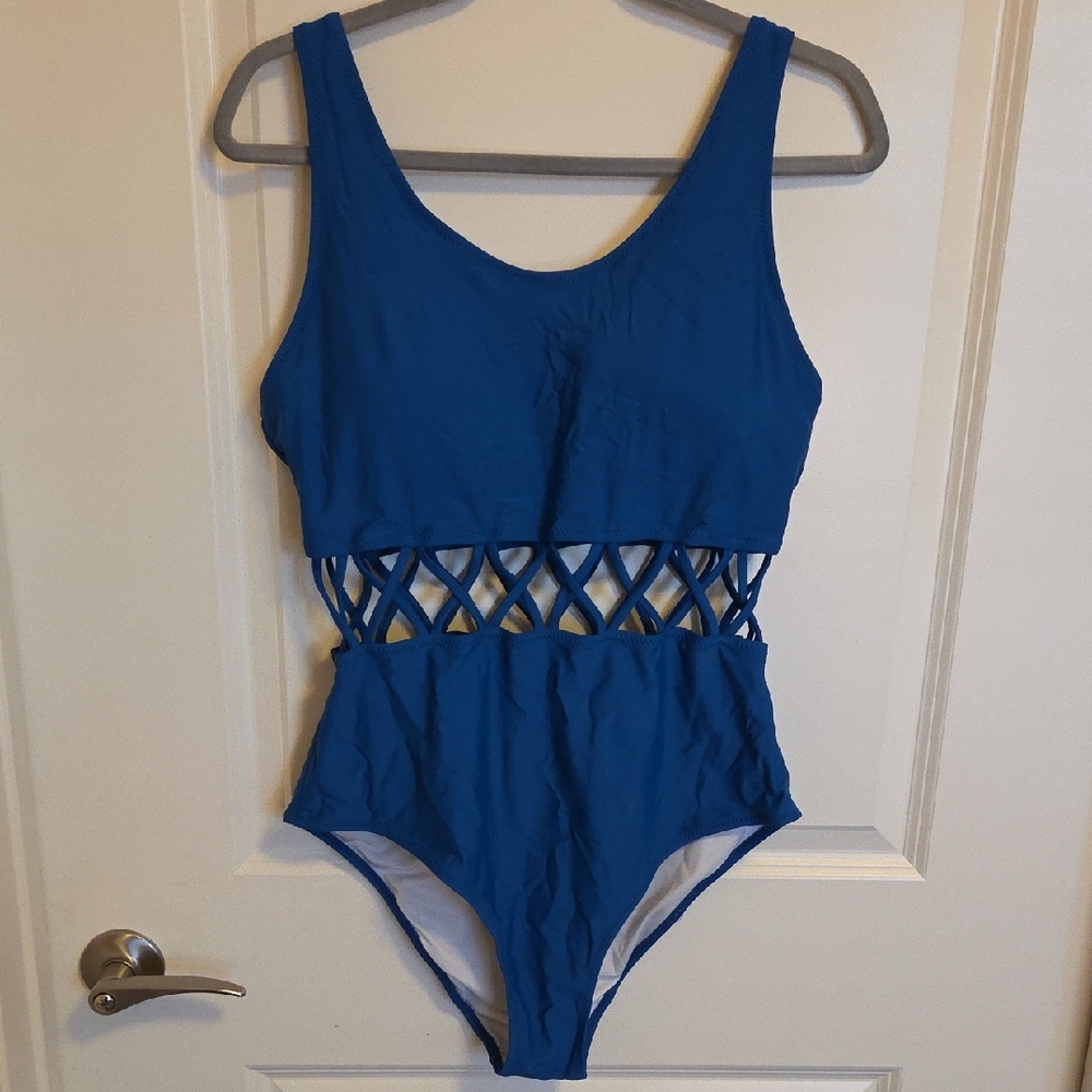 Blue One-Piece Swimsuit with Cutout Design